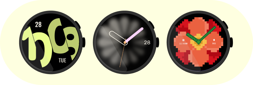 Three watch faces illustrating different analog and digital styles.