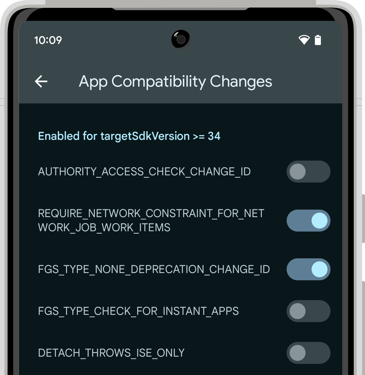 Screenshot sebagian dari Perubahan Kompatibilitas Aplikasi di Opsi Developer