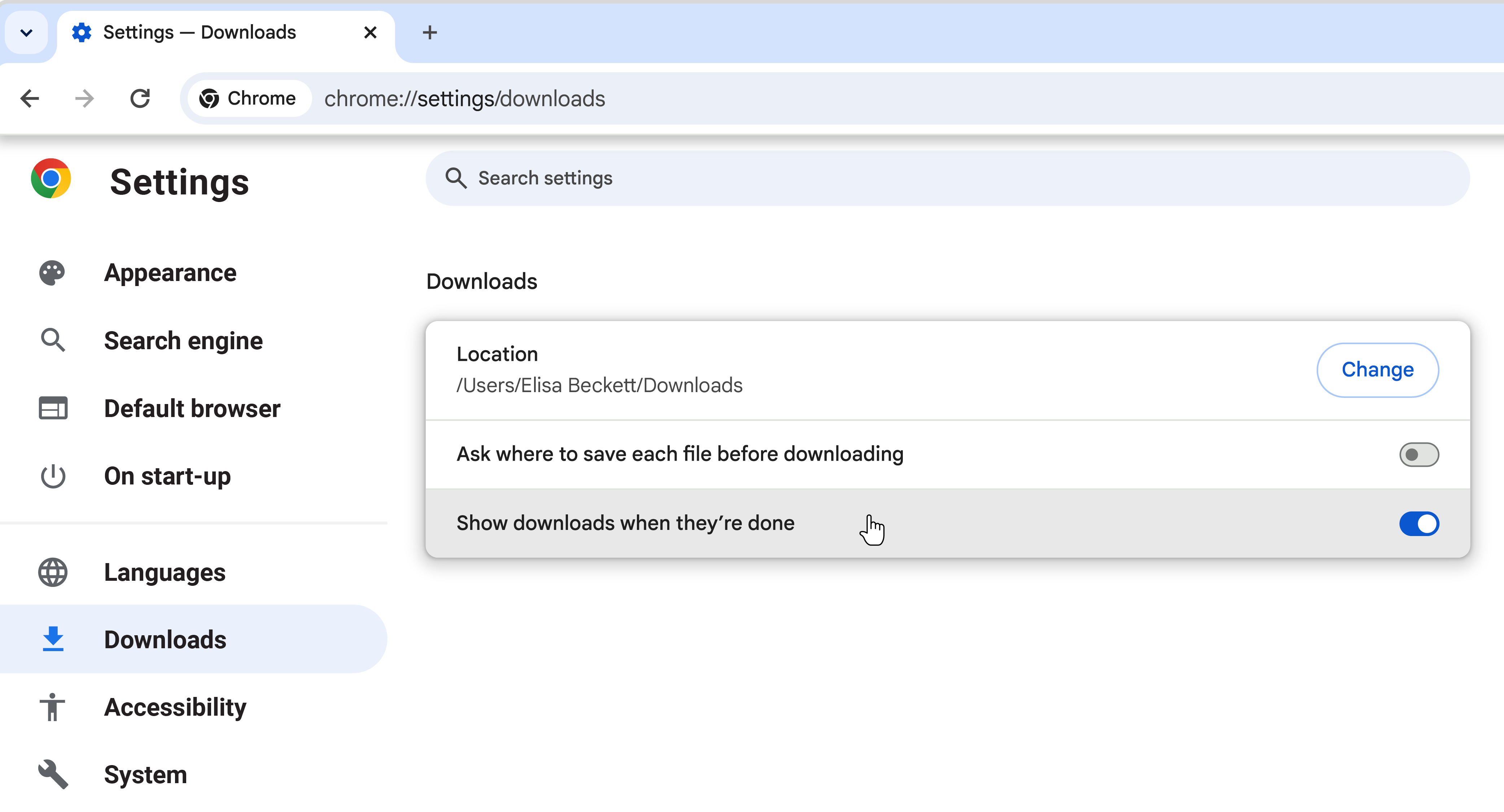 Image of the Downloads settings menu in Chrome browser when you can select the option to disable showing downloads when they're done.