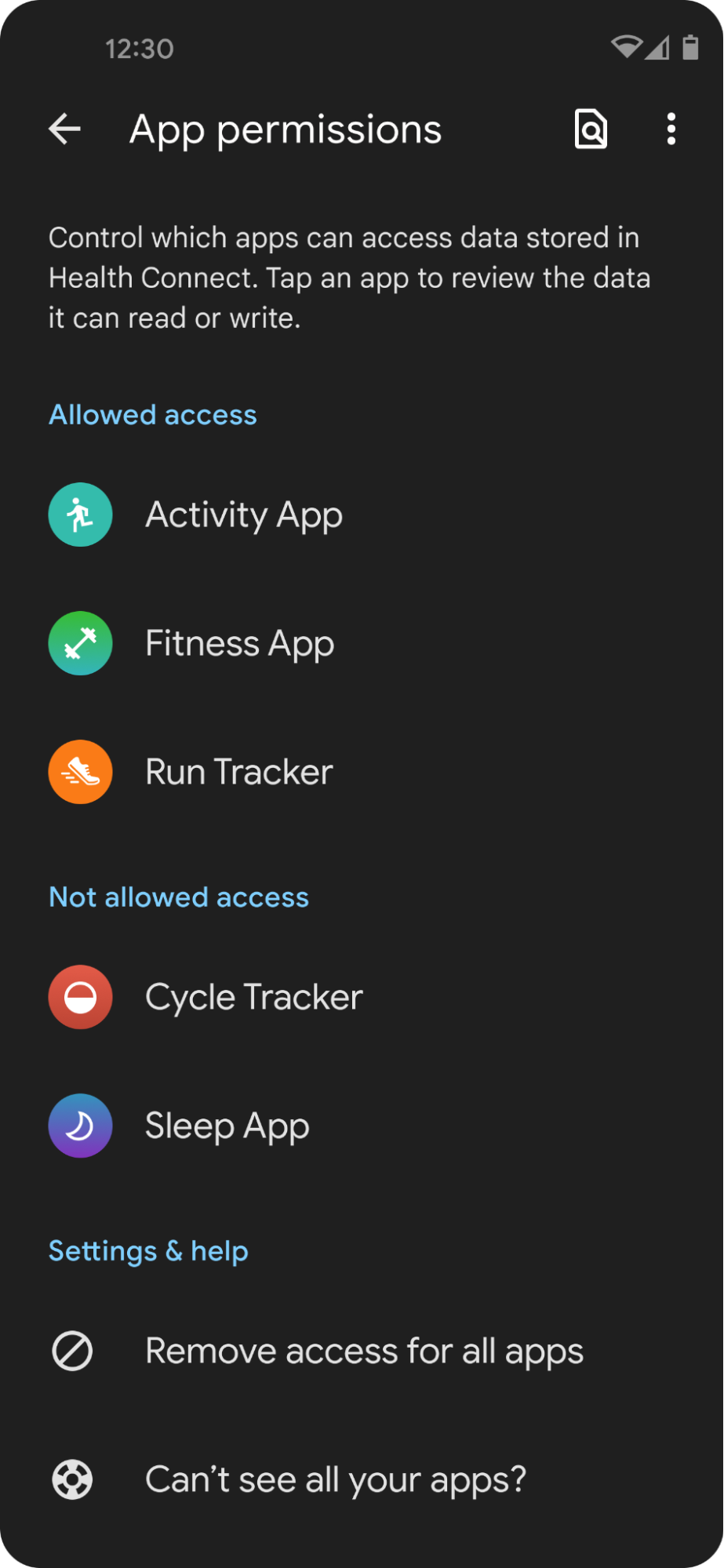 Phone screen showing App permissions for all apps that can access data stored in Health Connect