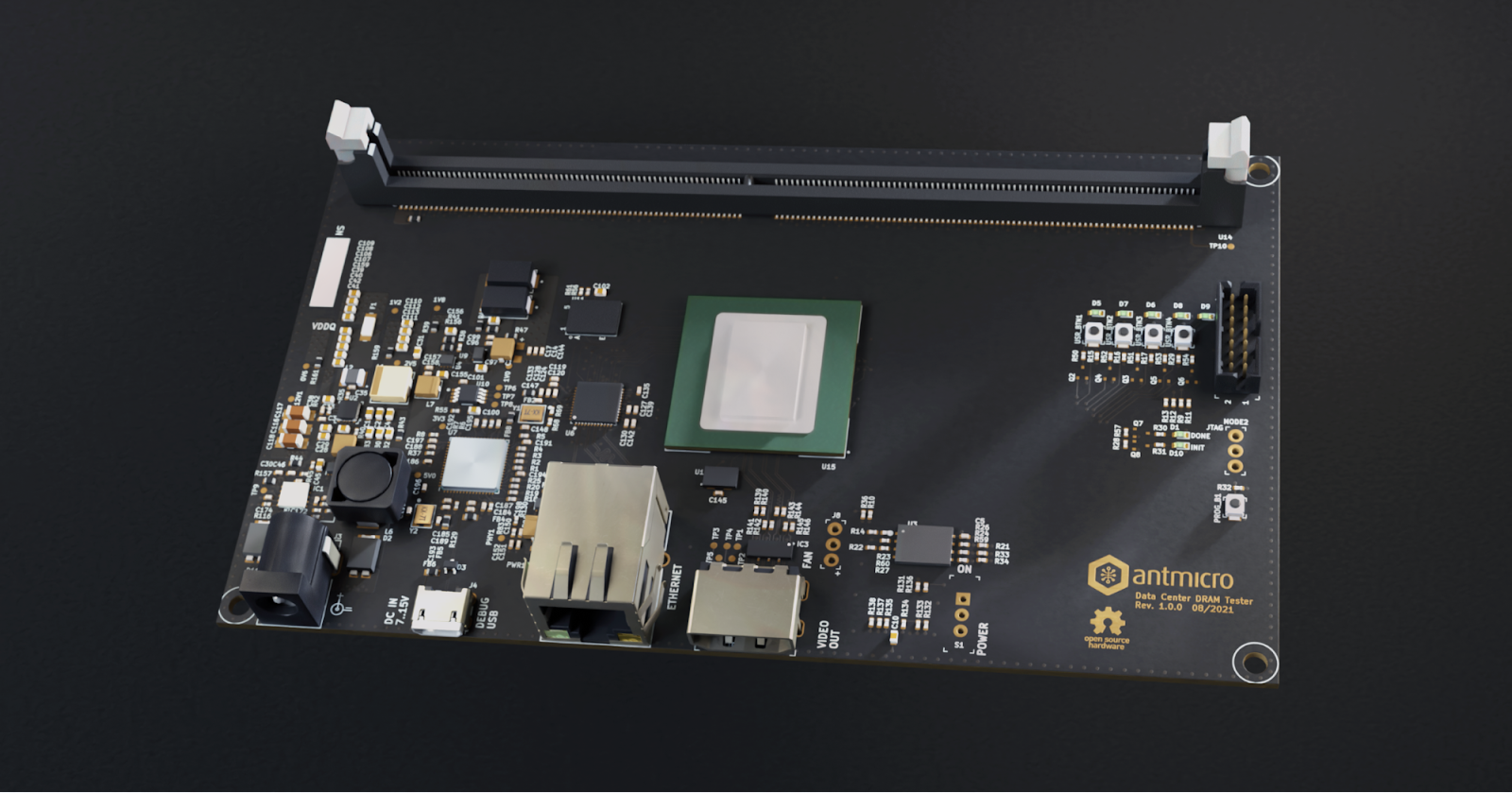 Photo of the Antmicro data center DRAM Xilinx Kintex-7 FPGA based tester board