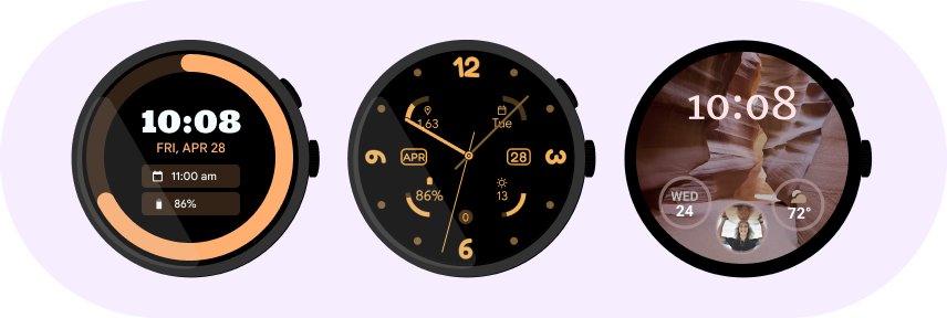 Image of three watch faces created using the Watch Face Format
