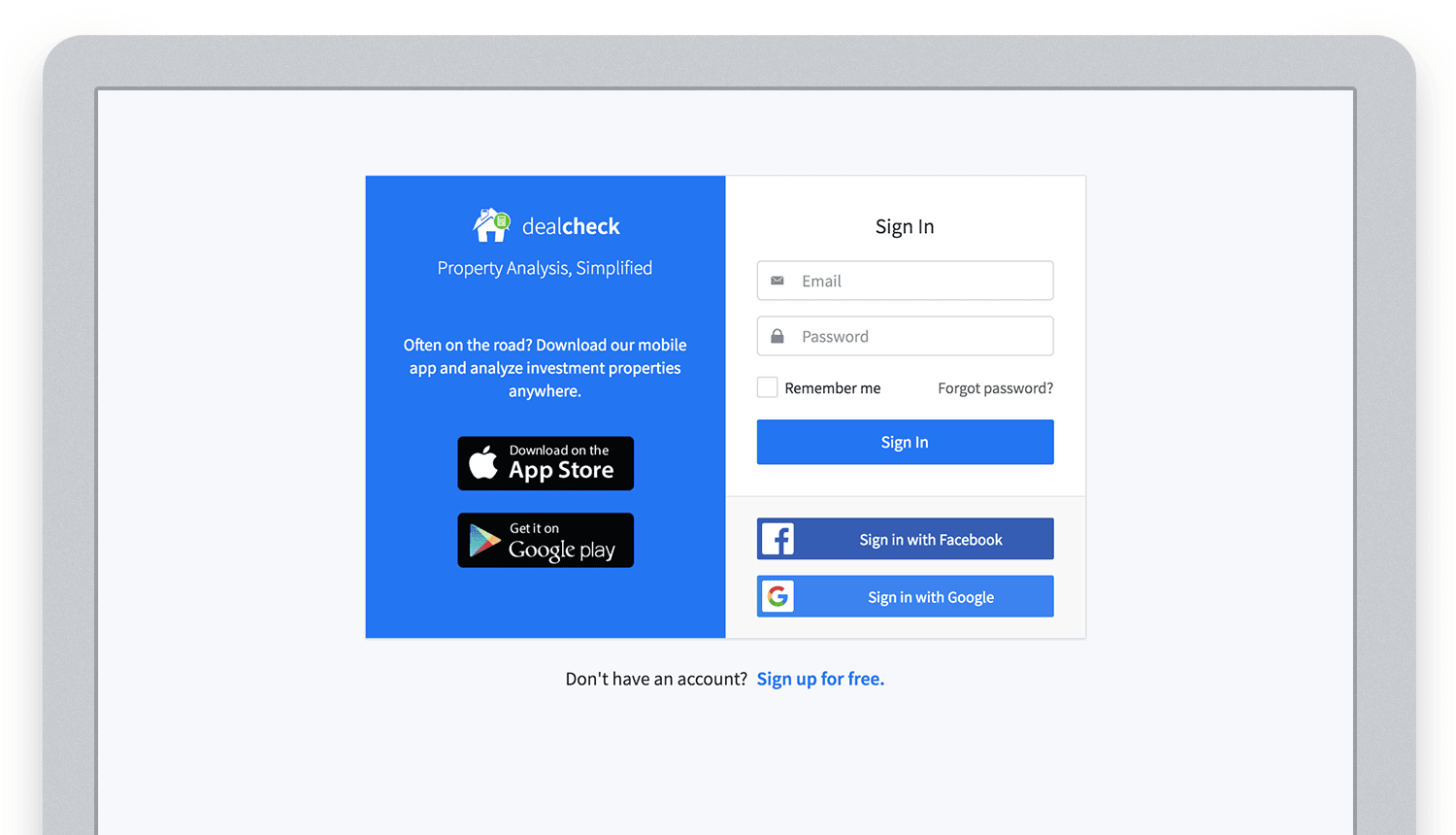 Email, Facebook and Google sign in powered by Firebase.