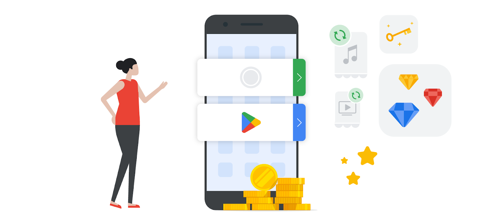 Illustration of a woman standing in front of a large phone with Google Play logo prominently featured. At her feet are stacks of coins. To the right of the phone are icons for music, video, a key, gems, and stars