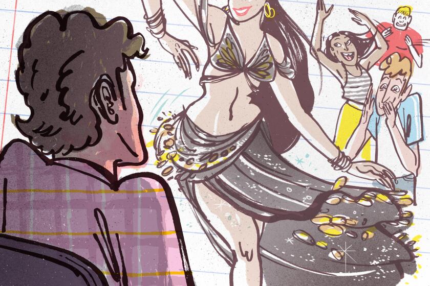 Illustration of rear view of a man watching a belly dancer with giggling children in background