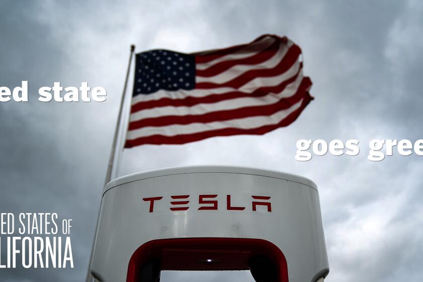Tesla charger with an American flag in the background and text that reads: red state goes green.