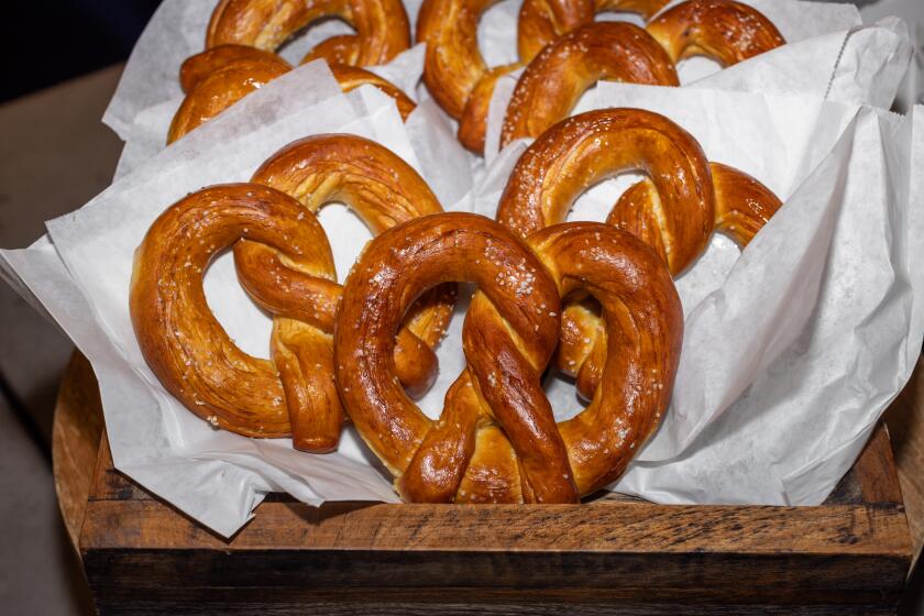 LOS ANGELES, CA - MAY 28: Traditional pretzels, one of the future concessions offerings at the Intuit Dome on Tuesday, May 28, 2024 in Los Angeles, CA. (Catherine Dzilenski / For The Times)