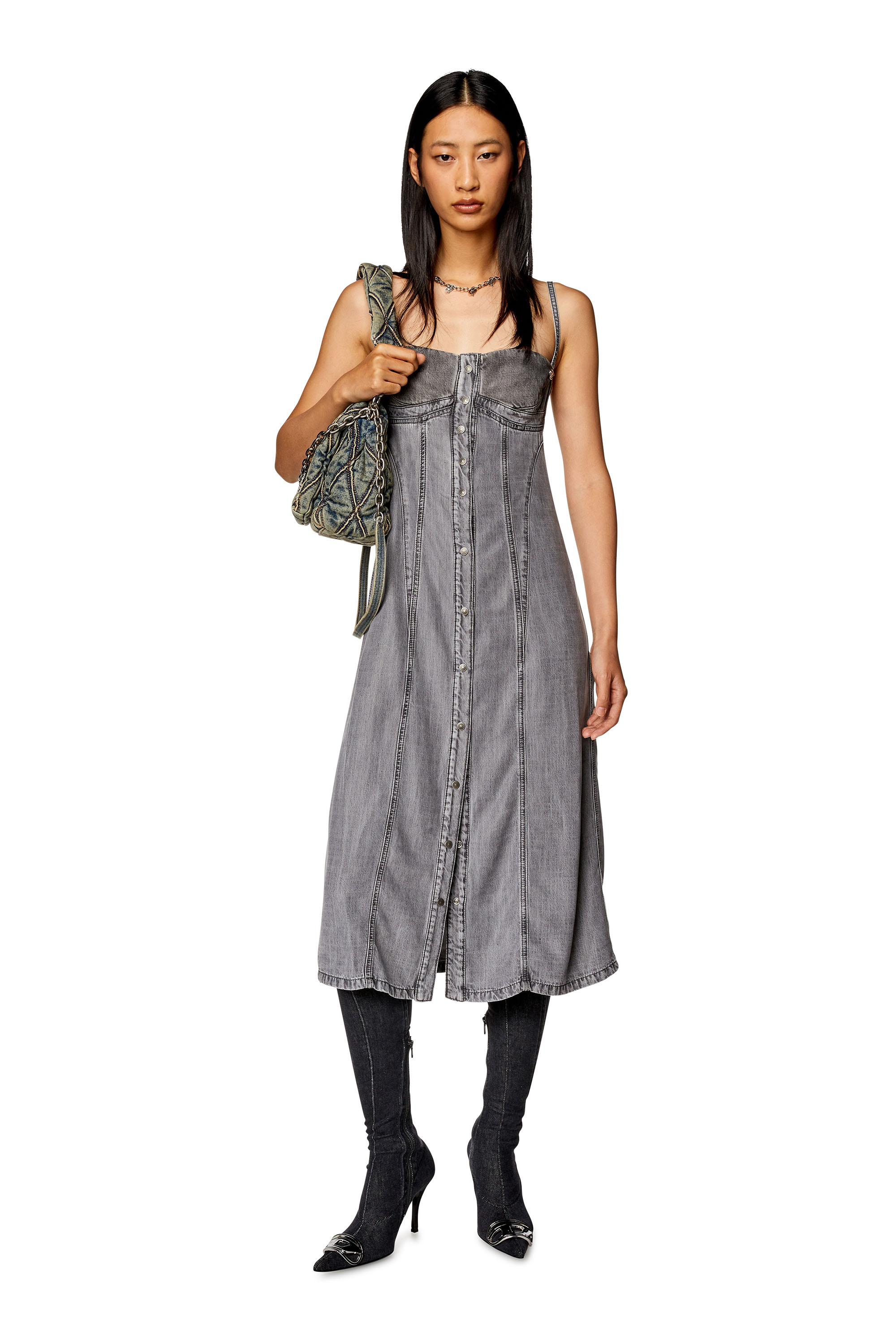 Diesel - DE-DRESSY, Female Strappy midi dress in light denim in Grey - Image 1
