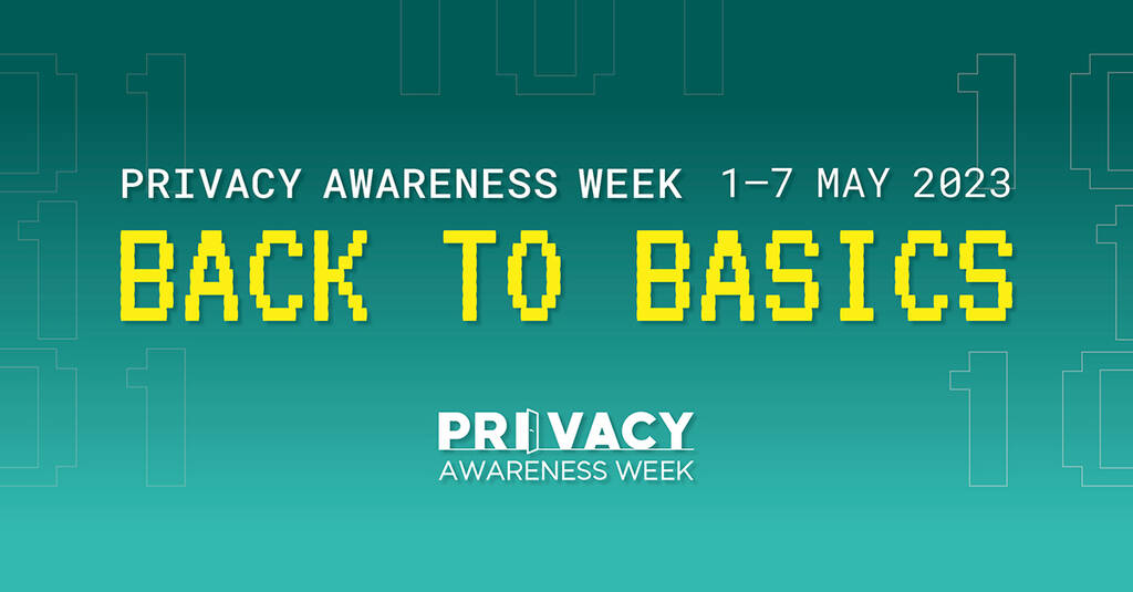 Green background with text reading ‘Privacy Awareness Week 1-7 May 2023’, ‘Back to basics’, and ‘Privacy Awareness Week’