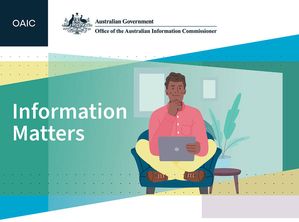Text reads ‘Information Matters’.  Image features an illustration of a person sitting cross legged on a chair, looking pensively at a laptop screen.