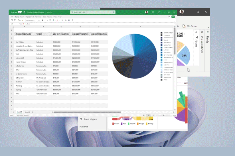 PowerPoint 및 Excel가 보이는 끌기 레이아웃이 Surface Laptop 5 화면에 표시됨