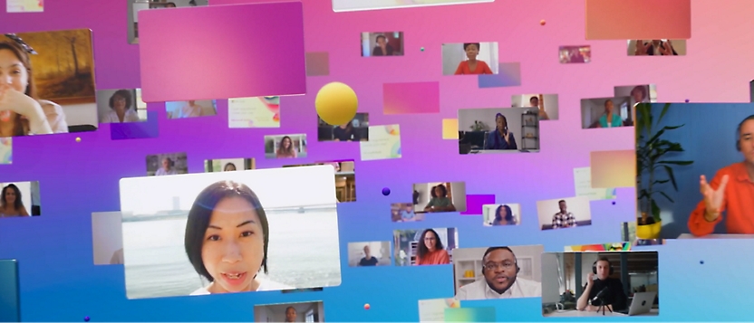Коллаж с изображением разных людей разного возраста и этнической принадлежности на цифровых экранах на фоне красочных геометрических фигур.