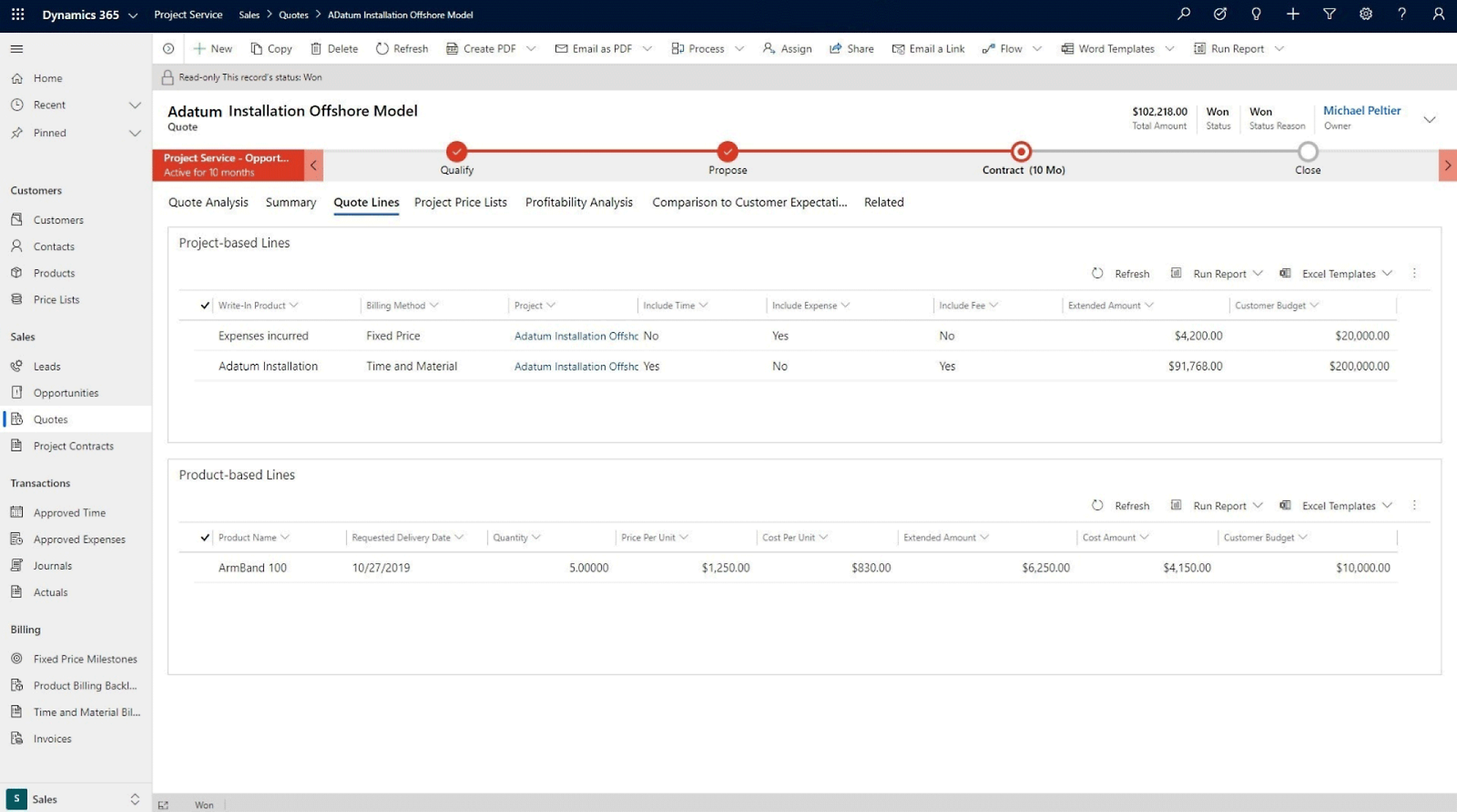 Screenshot einer Computerschnittstelle, die eine Projektmanagementanwendung mit Tabellen mit detaillierten Kundenangeboten anzeigt