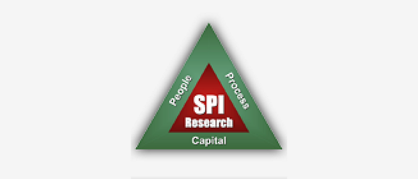 中央に "spi" の文字を配し、people、process、people、capital の文字を三角形で囲んだロゴ。