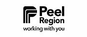 Logo for peel-regionen, med en stilisert «p» ved siden av teksten «peel-regionen arbeider sammen med deg» i svart skrift på hvit bakgrunn.