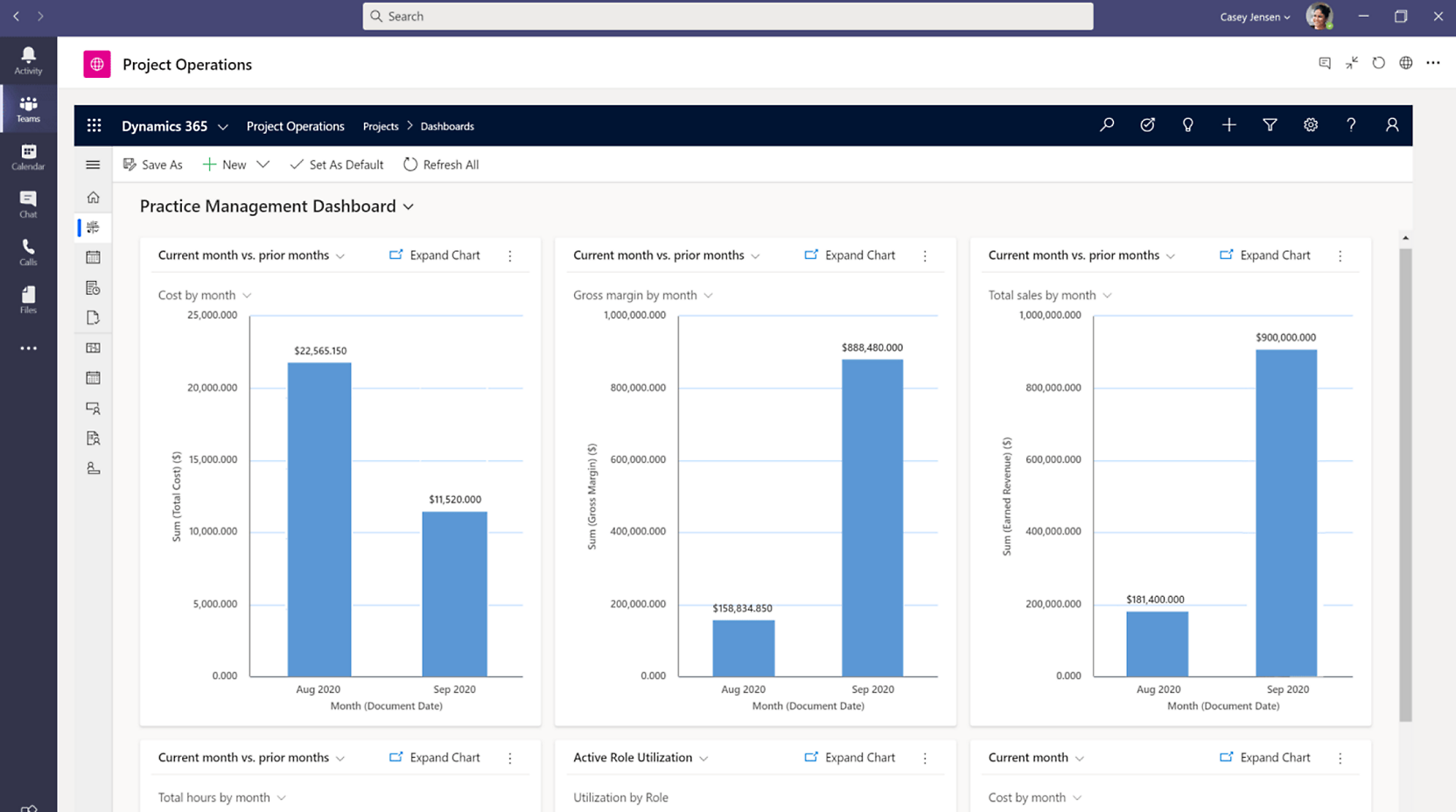 Ein Screenshot eines Projektmanagementdashboards mit verschiedenen Diagrammen zu Finanzkennzahlen und Ressourcennutzung.