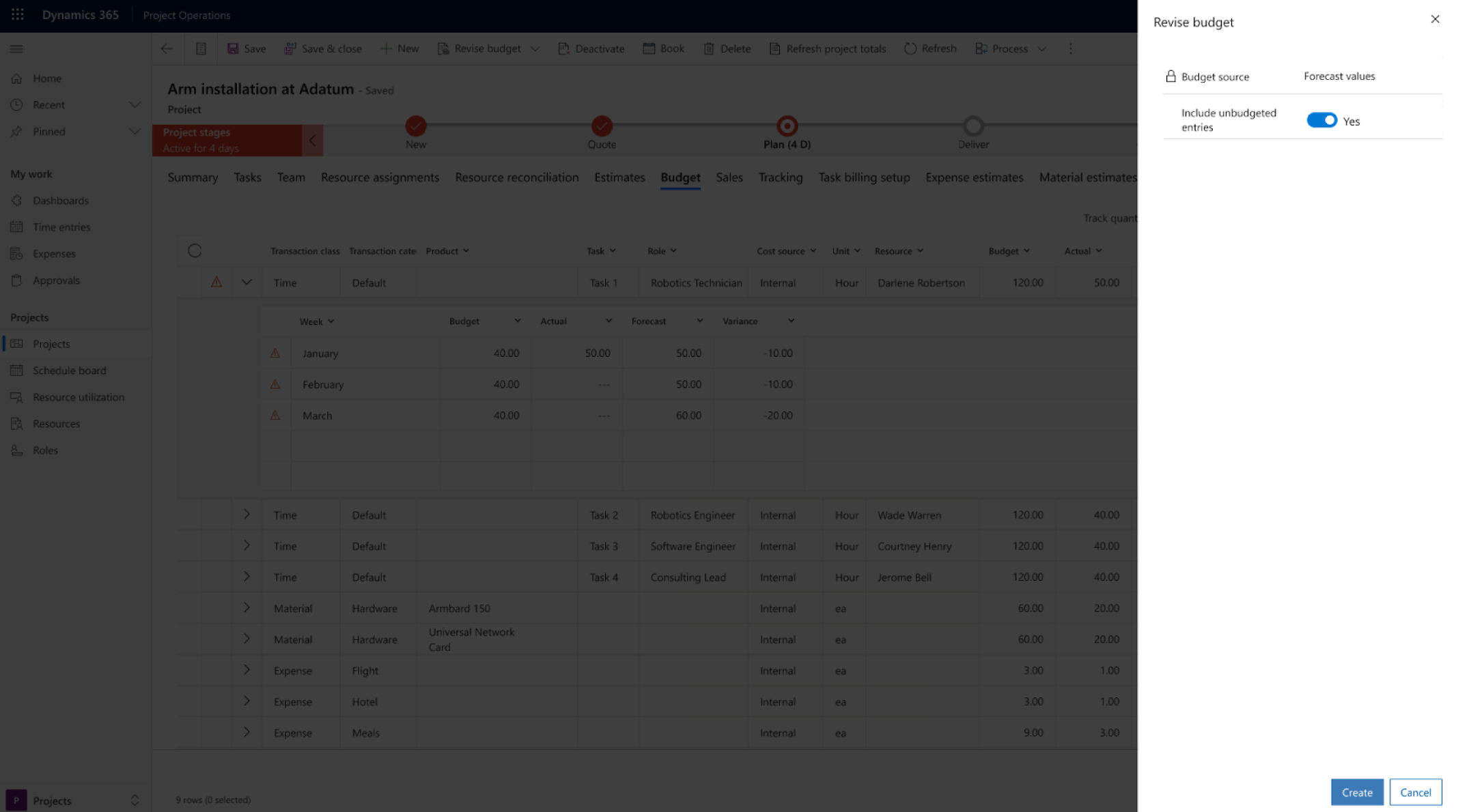 Captura de tela de uma interface de revisão de orçamento no Microsoft Dynamics 365 com foco nas operações do projeto