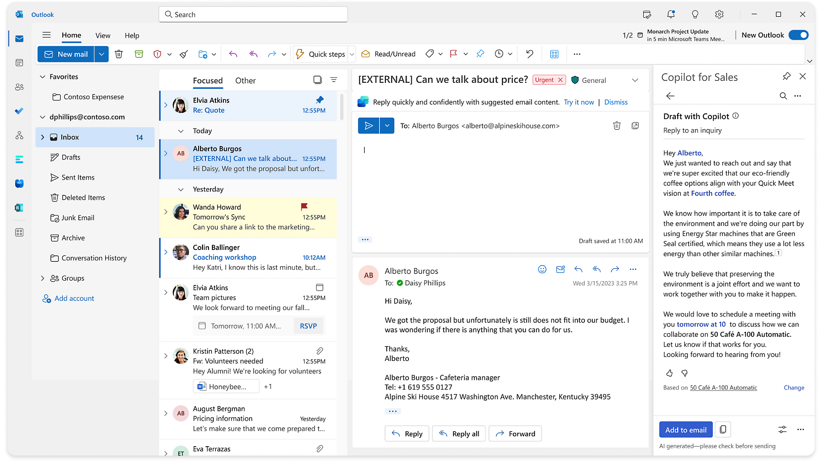 En skärmbild av e-postappen för Microsoft Outlook.