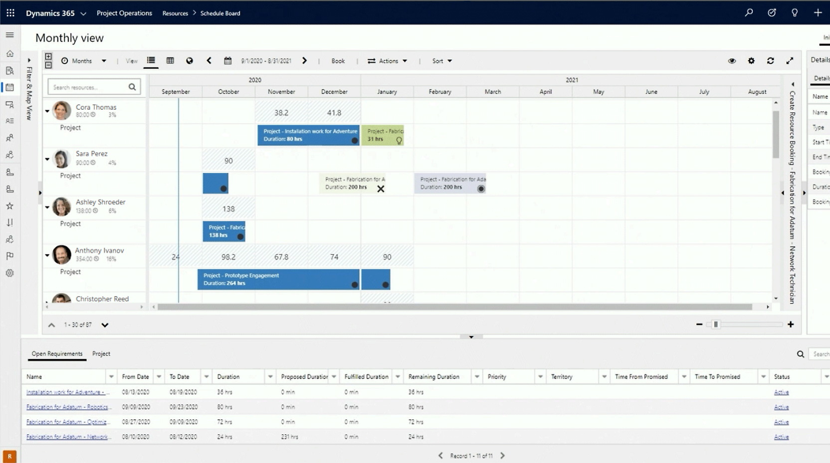 Uma captura de tela de uma interface do computador mostrando um software de gerenciamento de projeto detalhado com uma exibição de calendário de tarefas
