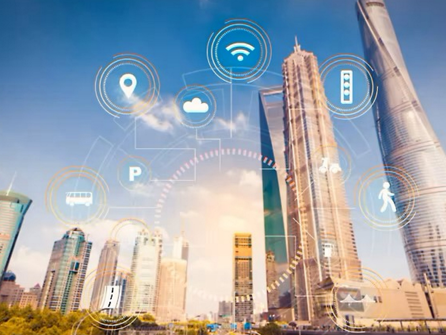 Ilustração de uma cidade inteligente com ícones digitais representando wi-fi, computação em nuvem e outras tecnologias com arranha-céus.