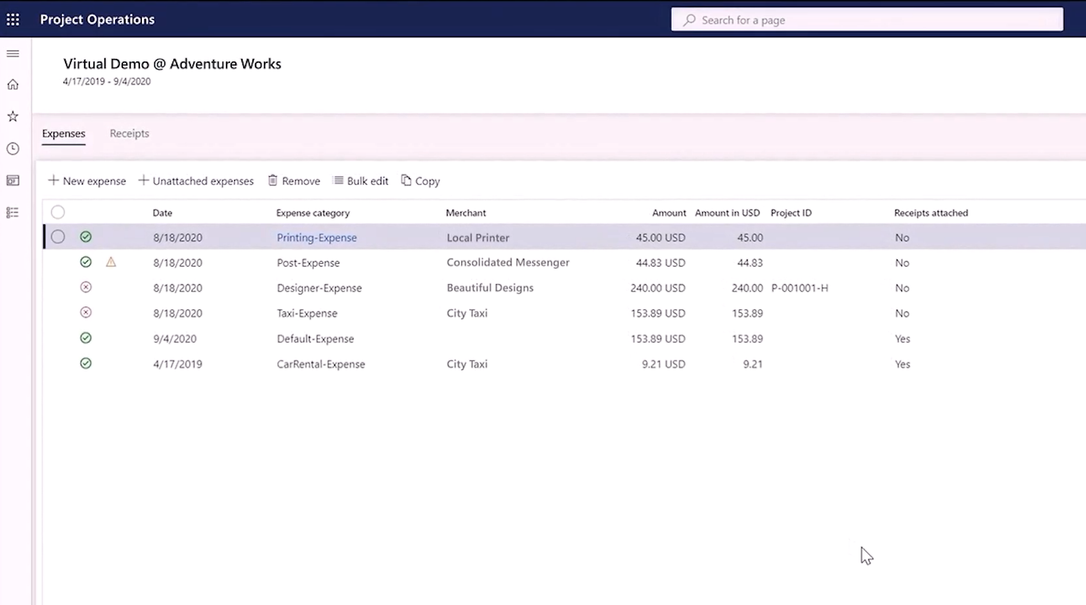 Uma captura de tela de uma interface de software exibindo uma tabela de relatórios de despesas para um projeto e colunas reembolsadas.