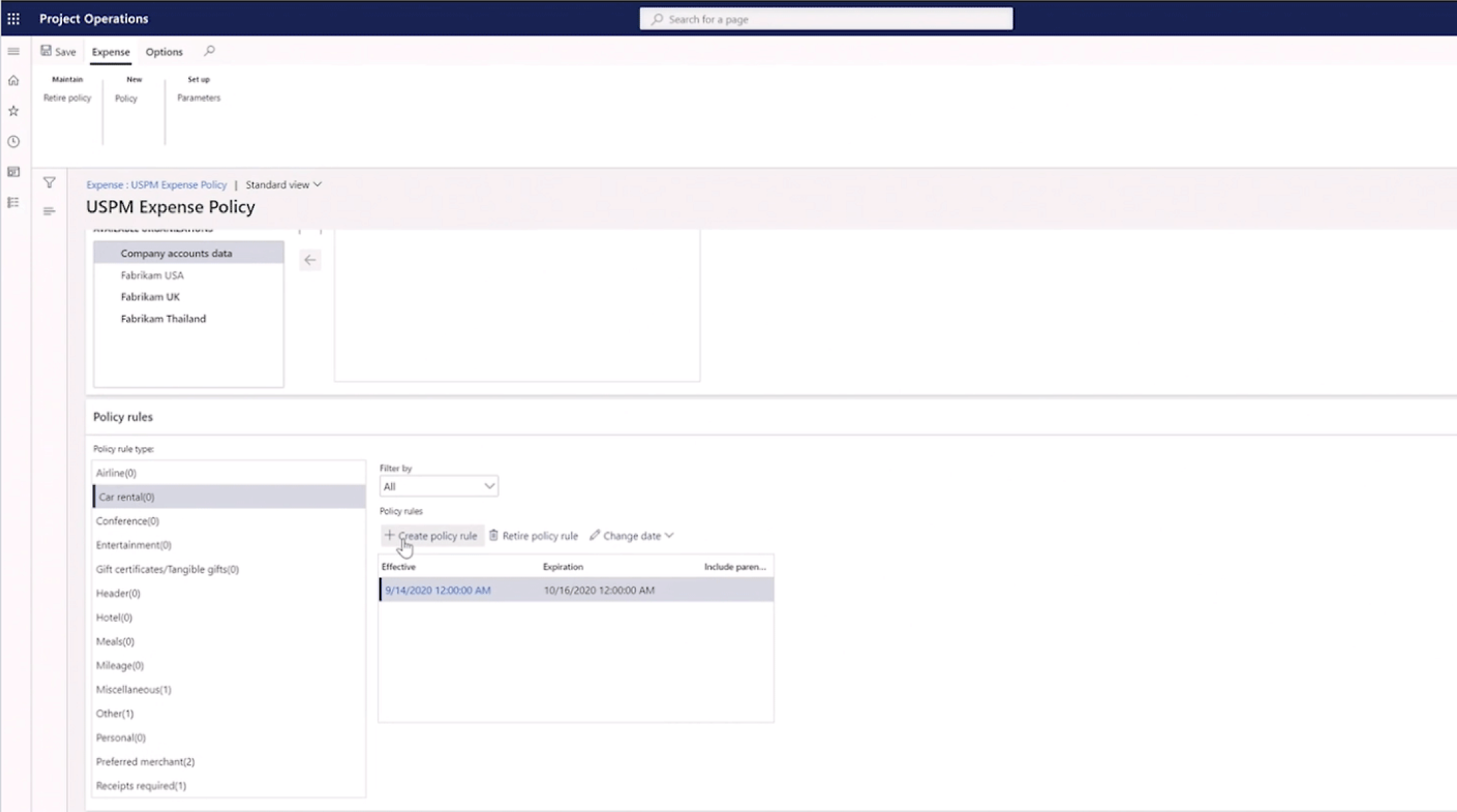 Captura de tela da interface de um computador para um sistema de gerenciamento de política de despesas.