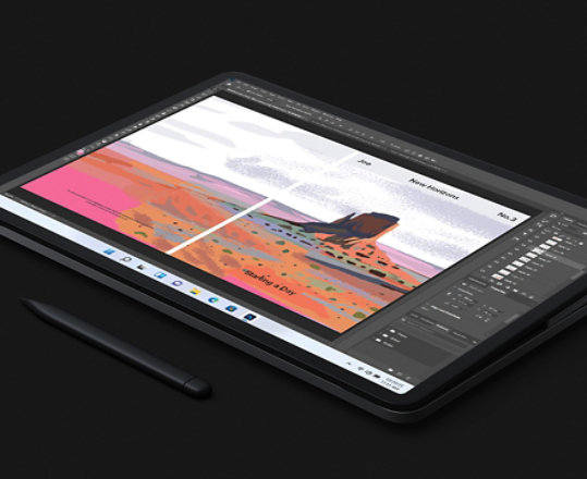 Surface Laptop Studio 採用工作室模式，顯示 Adobe Photoshop。