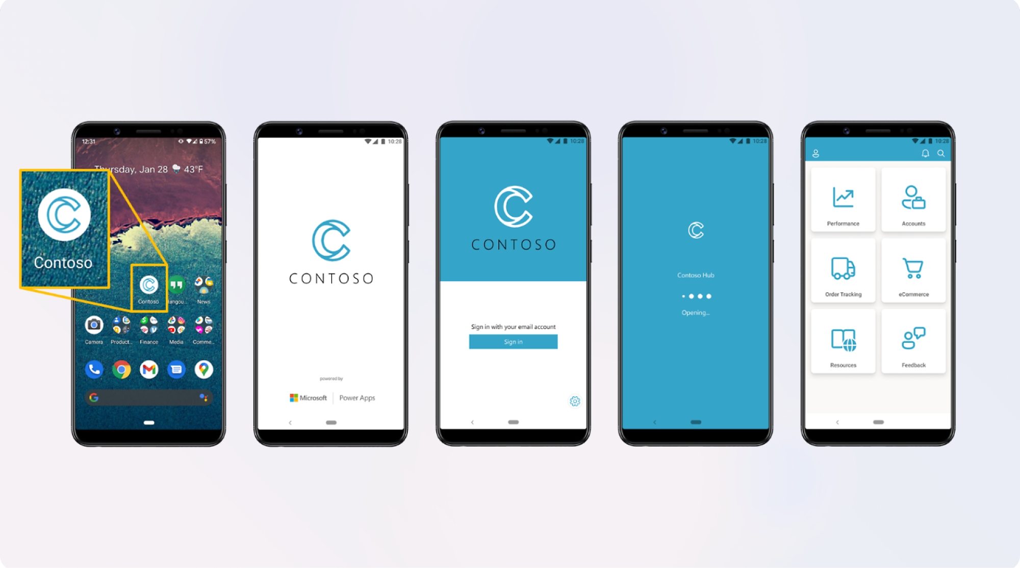 Fem smartphones som visar olika skärmar i "contoso"-appen, visar inloggningssidan, startskärmen