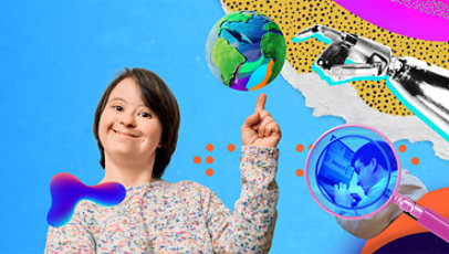Un collage représentant une personne souriante et une main robotique pointant vers une illustration de la planète Terre. En arrière-plan, une loupe montre une personne utilisant la fonction d’agrandissement d’un ordinateur portable.