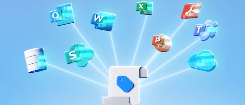 Symbole von Microsoft Office-Anwendungen wie Word, Excel und Teams, die sich um ein zentrales 3D-Modell drehen 