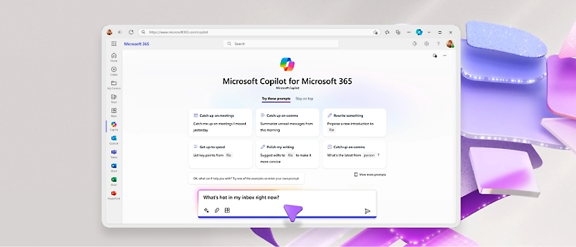  Microsoft Copilot Microsoft 365:lle -verkkosivu, jossa näkyy ominaisuudet ja tekstikehote vaalean violetilla taustalla.