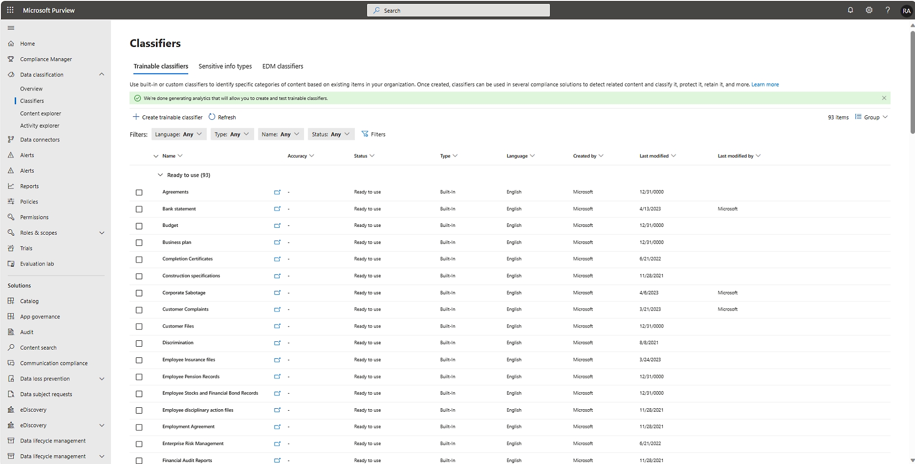 Das Microsoft Azure-Portal mit einer Tabelle mit Klassifizierern in Language Studio, einschließlich IDs, Namen und Statusdetails.