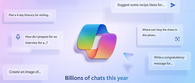 Een schermopname van een copilot-logo met de tekst 'miljarden chats dit jaar'