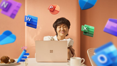 Млада жена работи на Surface Laptop, докато икони на приложения на Microsoft 365 се въртят около главата ѝ.