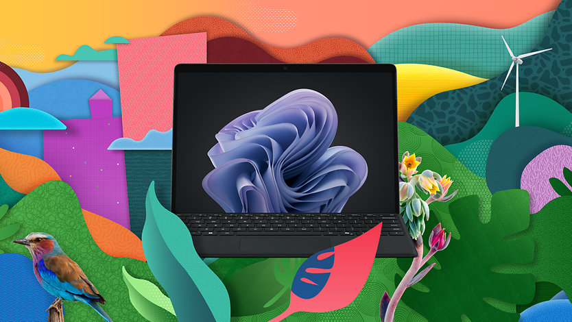 Un dispositivo Surface Pro 10 para empresas en un collage con la naturaleza, indicando el compromiso a la sostenibilidad de Microsoft y Surface para empresas. 