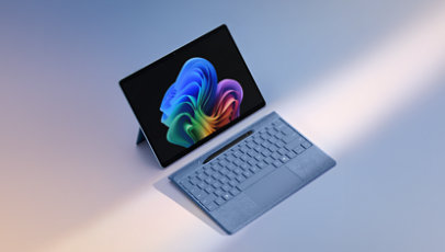 A Surface Pro Flex Keyboard and a Surface Pro, 11th Edition, a Copilot+ PC, in the color Sapphire.