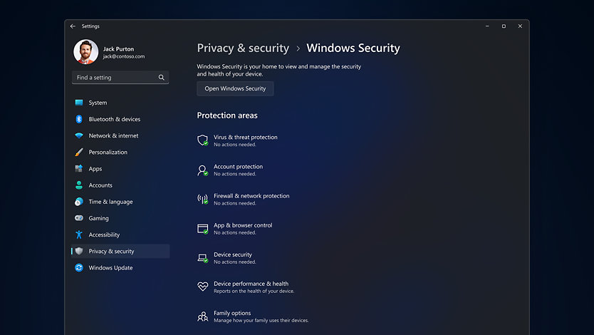 Una pantalla muestra la configuración de seguridad y privacidad que ofrece Windows 11 Pro.