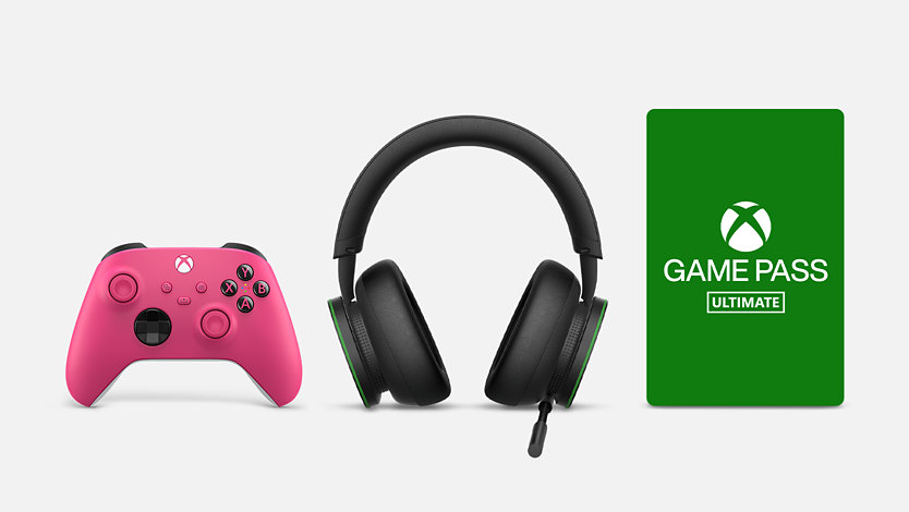 Manette sans fil Xbox Deep Pink, casque sans fil Xbox et Xbox Game Pass Ultimate