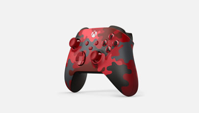 An Xbox controller in Daystrike Camo red colorway.