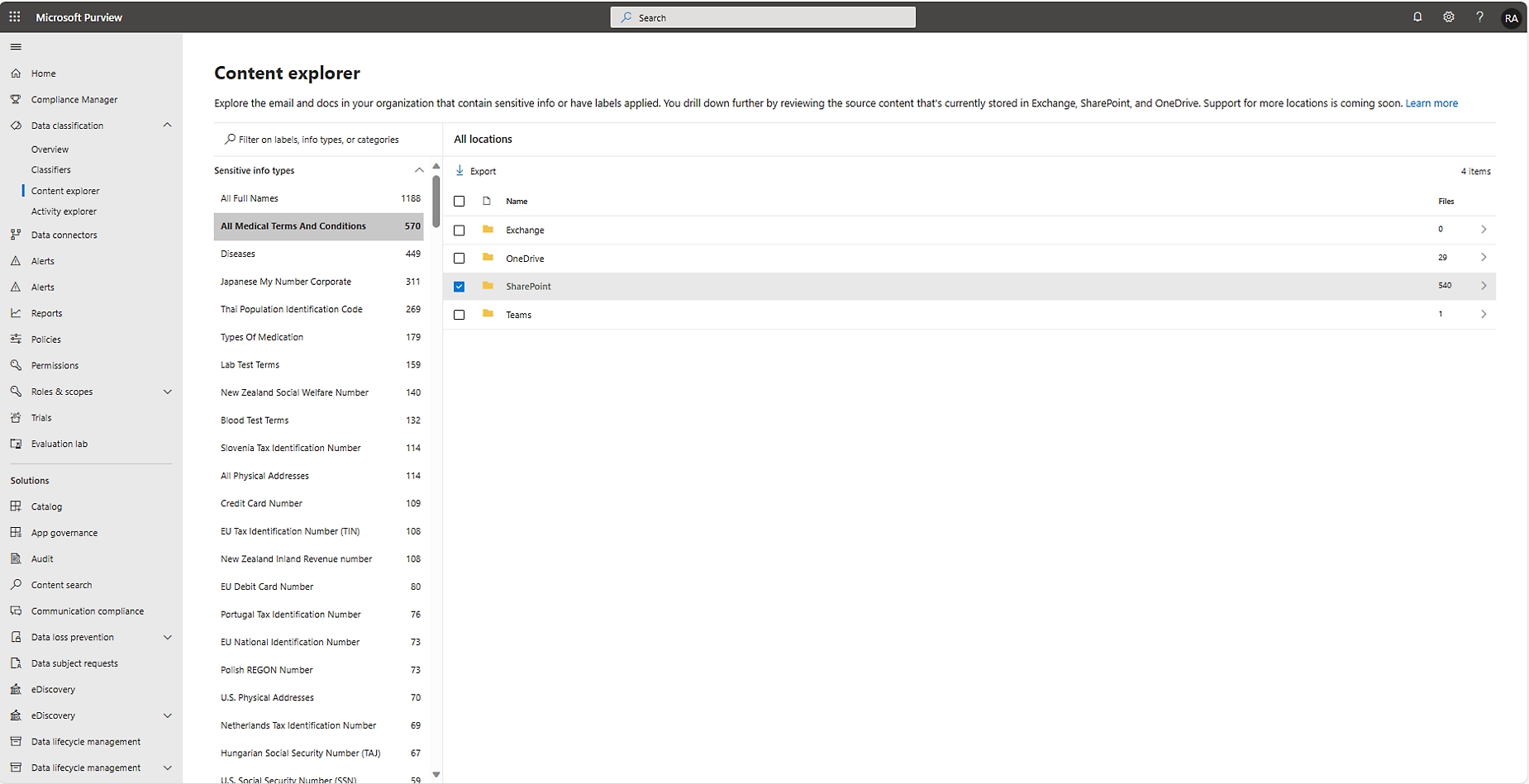 Microsoft Purview Content Explorer-interface met gefilterde resultaten voor gevoelige informatie in verschillende documenten