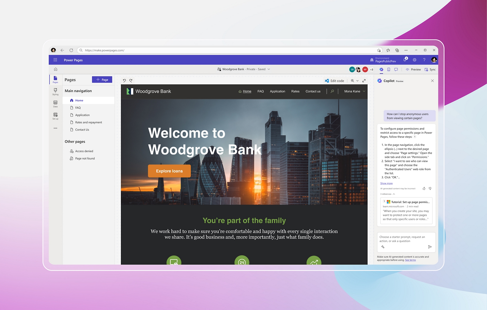 Zrzut ekranu przedstawiający witrynę internetową banku Woodgrove