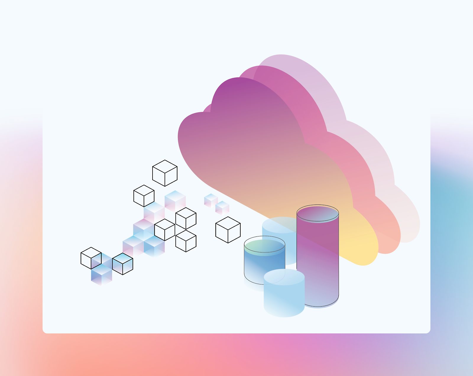 Illustration of a stylized cloud with a gradient of purple and pink colors, accompanied by floating cubes and cylindrical graphs