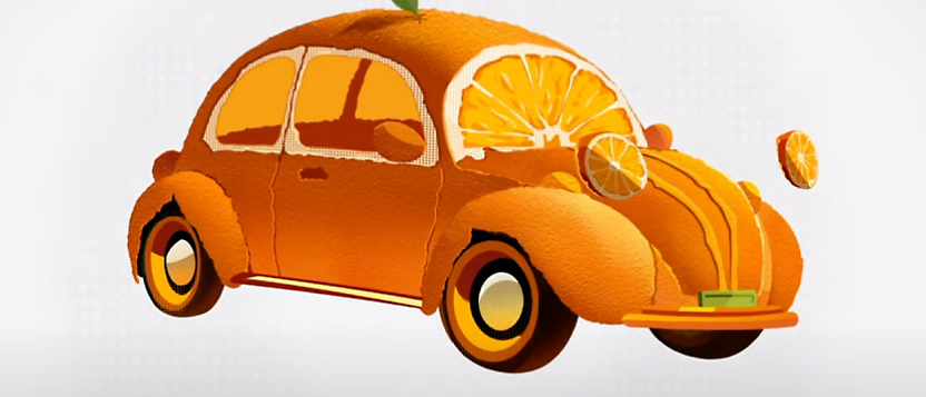 A cartoon orange car with orange slices on the front