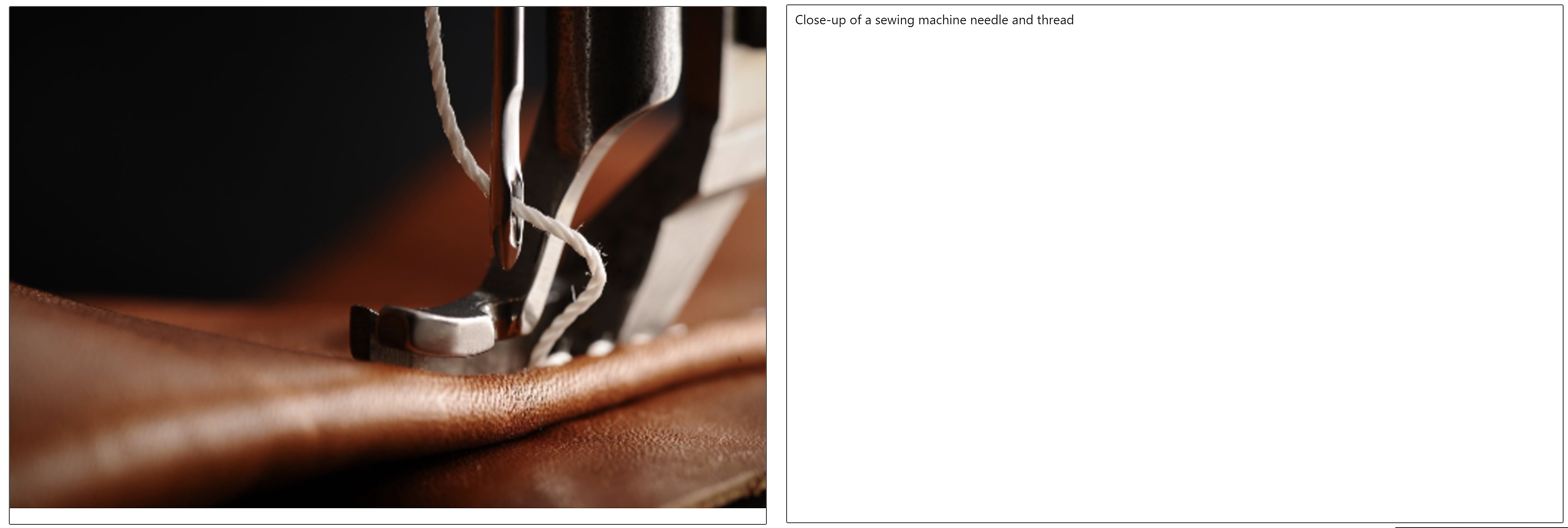 革を貫通するミシンの針と糸のアップと、その横の画像のキャプション 