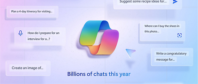 Bild som visar ett stiliserat chattgränssnitt med överlappande färgglada pratbubblor och textexempel på användarförfrågningar