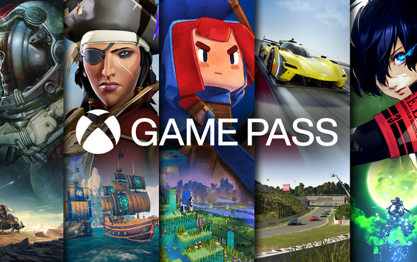 Logo Xbox Game Pass dengan berbagai latar belakang karakter permainan video.