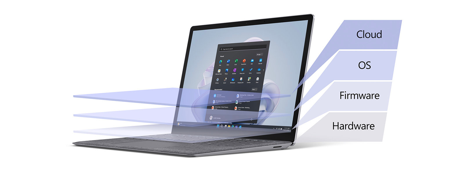 A Surface laptop overlaid with a color gradient representing different layers of security