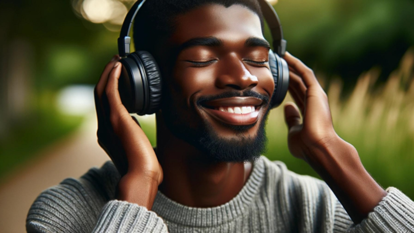 A black man listening to music through his headphones