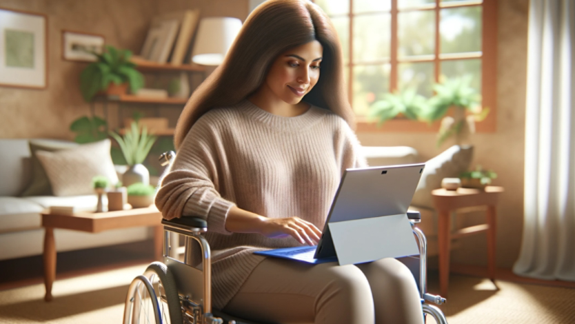 A woman sitting in a wheelchair using a Surface device