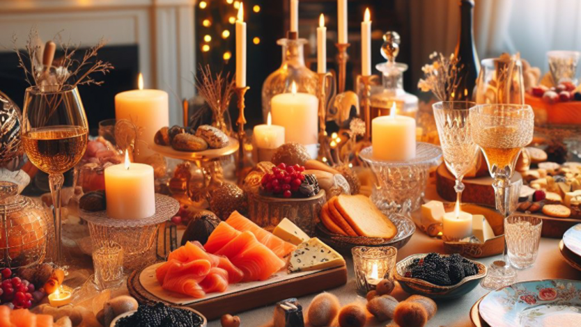 Holiday table with food and candles